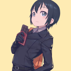 Rule 34 | 1girl, :t, absurdres, arched back, black gloves, black hair, black jacket, candy, chocolate, chocolate bar, closed mouth, daisi gi, eating, food, food on face, gloves, grey eyes, hair between eyes, highres, jacket, kino (kino no tabi), kino no tabi, leaning back, long sleeves, short hair, simple background, solo, upper body, wing collar, yellow background