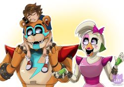 Rule 34 | 1girl, 2boys, artist logo, artist name, bandaid, bandaid on face, blue eyes, bow, bowtie, brown hair, chica, ear piercing, earrings, facial tattoo, fangs, fingerless gloves, five nights at freddy&#039;s, five nights at freddy&#039;s: security breach, freddy fazbear, gamyservice, glamrock chica, glamrock freddy, gloves, gregory (fnaf), highres, jewelry, lifting person, looking at another, messy hair, multiple boys, open mouth, piercing, purple eyes, ribbon, robot, shirt, shoes, shoulder pads, sleeping, t-shirt, tattoo, teeth, twitter username, upper body, wristband