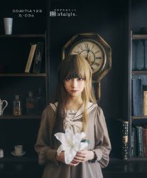 Rule 34 | 1girl, blue eyes, blunt bangs, book, bookshelf, bottle, bow, bowtie, brown dress, brown hair, clock, cup, dress, flower, holding, holding flower, indoors, light smile, lily (flower), lips, lipstick, long hair, long sleeves, looking at viewer, makeup, original, own hands clasped, own hands together, realistic, red lips, rokuri-eva, sailor collar, solo, standing, sunlight, texture, upper body