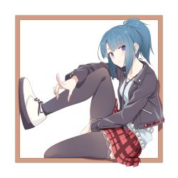 Rule 34 | 1girl, alice gear aegis, blue eyes, blue hair, character request, highres, jacket, kasutera (toho 16sakuya), leather, leather jacket, leg up, looking to the side, plaid, plaid skirt, pointing, red skirt, skirt, solo, thighhighs