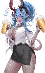 Rule 34 | 1girl, absurdres, alcohol, beer, beer mug, black skirt, blue hair, blush, breasts, center opening, choker, cleavage, collared shirt, colored skin, covered navel, cup, dress shirt, eyeliner, fate/grand order, fate (series), fishnet pantyhose, fishnets, grey skin, hair between eyes, hair bun, hair ornament, hair scrunchie, highres, horn/wood, horns, ibuki douji (fate), large breasts, long hair, long sleeves, looking at viewer, makeup, mug, multicolored hair, nail polish, one eye closed, oni, oni horns, open mouth, pantyhose, pencil skirt, pink hair, pointy ears, red eyes, scrunchie, shirt, sidelocks, single hair bun, skirt, smile, solo, tail, white shirt