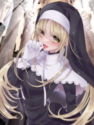 Rule 34 | 1girl, black dress, blush, brown eyes, capelet, church, dress, eyelashes, gloves, habit, highres, light brown hair, nijisanji, nun, ribbon, siki mhr, sister claire, sister claire (1st costume), smile, solo, sparkle, tongue, tongue out, traditional nun, virtual youtuber, white capelet, white gloves, white ribbon