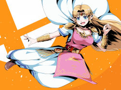Rule 34 | 1girl, :d, bead necklace, beads, blonde hair, blue eyes, boots, bracer, breasts, brown footwear, cape, dress, earrings, gem, hair intakes, highres, jewelry, long hair, looking at viewer, medium breasts, necklace, nintendo, open mouth, orange background, pointy ears, princess, princess zelda, shimure (460), short sleeves, shoulder pads, smile, solo, straight hair, super smash bros., tabard, the legend of zelda, the legend of zelda: a link between worlds, tiara, toeless footwear, triforce, very long hair, white cape, white dress