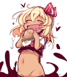 Rule 34 | 1girl, ^ ^, arrow (symbol), belly, blonde hair, blush, bow, closed eyes, darkness, eating, egg, egg (food), closed eyes, fang, food, fried egg, groin, hair ribbon, heart, lettuce, muuba, navel, out-of-frame censoring, plump, ribbon, rumia, sandwich, short hair, solo, tan, toothpick, touhou