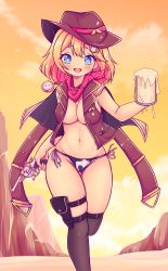 Rule 34 | 1girl, :d, alcohol, animal print, aya chan1221, beer mug, bikini, bikini bottom only, black thighhighs, blonde hair, blue eyes, breasts, brown vest, cleavage, cliff, cloud, cloudy sky, commentary, cow print, cowboy hat, cowboy western, cup, dessert, dual wielding, english commentary, food, gun, hair between eyes, hair ornament, handgun, hat, highres, holding, holding cup, holding gun, holding weapon, hololive, hololive english, holster, jewelry, looking at viewer, mug, necklace, open mouth, pocket watch, red scarf, scarf, sexually suggestive, short hair, side-tie bikini bottom, sidelocks, sky, smile, solo, standing, standing on one leg, stomach, suggestive fluid, swimsuit, thigh holster, thighhighs, trigger discipline, vest, virtual youtuber, watch, watson amelia, weapon, yellow sky, zettai ryouiki