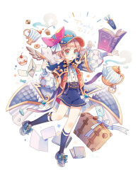 Rule 34 | 1girl, black socks, blue eyes, blue headwear, blue shorts, book, brown eyes, brown hair, hair ornament, hairclip, highres, holding, holding quill, kneehighs, long sleeves, looking at viewer, multicolored eyes, open mouth, original, quill, short hair, shorts, simple background, socks, solo, sorata123, white background
