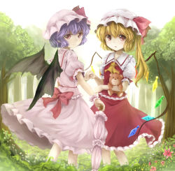 Rule 34 | 2girls, af-henrytz, ascot, bat wings, blonde hair, blue hair, closed umbrella, female focus, flandre scarlet, flower, forest, holding hands, hat, hat ribbon, highres, looking at viewer, looking back, multiple girls, nature, open mouth, pink eyes, pointy ears, puffy sleeves, remilia scarlet, ribbon, shirt, short sleeves, siblings, side ponytail, sisters, skirt, skirt set, smile, stuffed animal, stuffed toy, teddy bear, touhou, tree, umbrella, wings, wrist cuffs