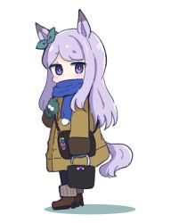 Rule 34 | 1girl, animal ears, black pantyhose, blue scarf, blush, boots, bow, brown footwear, brown jacket, chibi, commentary, covered mouth, ear ribbon, from side, full body, gloves, green gloves, green ribbon, highres, holding, horse ears, horse girl, horse tail, jacket, long hair, long sleeves, looking at viewer, looking to the side, mejiro mcqueen (umamusume), nozo (hitomiz), pantyhose, purple eyes, purple hair, ribbon, scarf, shadow, short eyebrows, sleeves past wrists, solo, standing, tail, thick eyebrows, umamusume, very long hair, white background