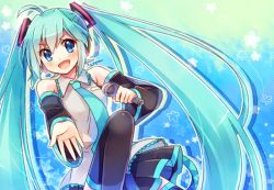 Rule 34 | 1girl, ahoge, aqua hair, blue eyes, detached sleeves, hatsune miku, long hair, microphone, moe on drop, necktie, open mouth, skirt, solo, thighhighs, twintails, very long hair, vocaloid