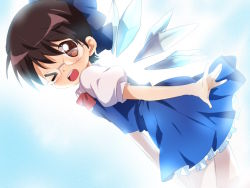Rule 34 | bow, cirno, cirno (cosplay), cosplay, dress, from side, glasses, hair bow, maruki (punchiki), one eye closed, pinafore dress, short hair, sleeveless dress, solo, touhou, wings, wink