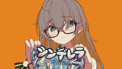 Rule 34 | 1girl, black-framed eyewear, blue bow, blue bowtie, blue eyes, bow, bowtie, brown hair, cinderella (vocaloid), commentary request, glasses, highres, holding, holding shoes, hololive, long hair, looking at viewer, natsuiro matsuri, official art, orange background, oshiruko (oshiruco 212048), second-party source, shirt, shoes, simple background, solo, song name, tears, virtual youtuber, vocaloid, white shirt, wing collar