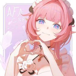 1girl 2024 blue_eyes breasts cleavage elf elysia_(honkai_impact) elysia_(miss_pink)_(honkai_impact) elysia_(miss_pink_elf)_(honkai_impact) fake_horns flower hair_between_eyes heart heart_hands honkai_(series) honkai_impact_3rd horns long_hair looking_at_viewer maid maid_headdress pink_hair pointy_ears portrait shengkai167