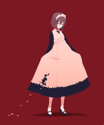 Rule 34 | 1girl, apron, black dress, black footwear, bob cut, bow, brown hair, dot nose, dress, flower, frilled hairband, frills, from side, full body, hair between eyes, hairband, half-closed eyes, high heels, legs apart, light frown, limited palette, long dress, long sleeves, looking at viewer, looking to the side, maeya susumu, maid, maid apron, maid headdress, muted color, no lineart, original, parted lips, petals, pleated dress, pumps, shoes, short hair, signature, simple background, skirt hold, solo, standing, surreal, waist bow, white hairband