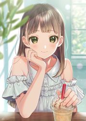 Rule 34 | 1girl, arm garter, artist name, bad id, bad pixiv id, bare shoulders, blunt bangs, blush, brown hair, buttons, closed mouth, collarbone, collared shirt, commentary, cup, day, drinking straw, eyelashes, fingernails, frilled shirt, frills, green eyes, hand on own cheek, hand on own face, head rest, highres, holding, holding cup, indoors, leaf, lens flare, long hair, looking at viewer, milkshake, nail polish, oli o o, original, pink nails, shirt, sitting, sleeveless, sleeveless shirt, smile, solo, table, upper body, white shirt, wing collar