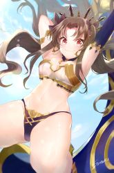 Rule 34 | 1girl, arm behind head, armlet, armpits, arms up, asymmetrical legwear, asymmetrical sleeves, bare shoulders, bikini, blue sky, blush, breasts, cleavage, closed mouth, day, earrings, fate/grand order, fate (series), gold trim, heavenly boat maanna, highleg, highleg bikini, highres, hoop earrings, ishtar (fate), jewelry, large breasts, long hair, looking at viewer, navel, neck ring, parted bangs, sirom, sky, smile, swimsuit, thighs, tiara, two side up, uneven legwear, uneven sleeves, weapon