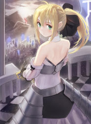 Rule 34 | ahoge, anone, armor, armored dress, artoria pendragon (all), artoria pendragon (fate), banner, bare shoulders, black ribbon, blonde hair, blush, caliburn (fate), checkered floor, cloud, fate/unlimited codes, fate (series), green eyes, hair ribbon, looking at viewer, looking back, mountain, ponytail, railing, ribbon, saber (fate), saber lily, sun, sword, weapon