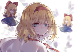 Rule 34 | alice margatroid, blonde hair, blue eyes, capelet, doll, hairband, looking at viewer, portrait, ribbon, shanghai doll, toriki, touhou, white background