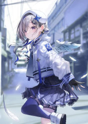Rule 34 | 1girl, absurdres, amane kanata, amane kanata (work), angel, angel wings, asymmetrical bangs, asymmetrical hair, asymmetrical legwear, blue hair, blue wings, blurry, blurry background, colored inner hair, cropped jacket, feathered wings, feathers, frilled skirt, frills, fudepenbrushpen, gloves, gradient wings, hair ornament, hair over one eye, hair rings, hairclip, highres, hololive, long hair, long sleeves, low twintails, mini wings, mismatched legwear, multicolored hair, multicolored wings, outdoors, partially fingerless gloves, pink hair, purple eyes, shoes, short hair, silver hair, single hair intake, single thighhigh, skirt, sleeves past wrists, sneakers, solo, streaked hair, thighhighs, twintails, uneven legwear, virtual youtuber, white wings, wings