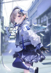 1girl absurdres amane_kanata amane_kanata_(work) angel angel_wings asymmetrical_bangs asymmetrical_hair asymmetrical_legwear blue_hair blue_wings blurry blurry_background colored_inner_hair cropped_jacket feathered_wings feathers frilled_skirt frills fudepenbrushpen gloves gradient_wings hair_ornament hair_over_one_eye hair_rings hairclip highres hololive long_hair long_sleeves low_twintails mini_wings mismatched_legwear multicolored_hair multicolored_wings outdoors partially_fingerless_gloves pink_hair purple_eyes shoes short_hair silver_hair single_hair_intake single_thighhigh skirt sleeves_past_wrists sneakers solo streaked_hair thighhighs twintails uneven_legwear virtual_youtuber white_wings wings