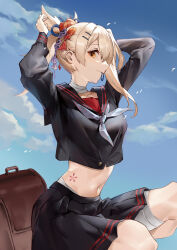 Rule 34 | 1girl, absurdres, adjusting hair, alternate costume, arms up, bandaged leg, bandaged neck, bandages, black serafuku, black shirt, blonde hair, blue sky, breasts, briefcase, closed mouth, collarbone, cowboy shot, cropped shirt, from side, genshin impact, hair ornament, hair tie in mouth, highres, hip tattoo, looking at viewer, looking to the side, medium breasts, medium hair, mouth hold, navel, neckerchief, orange eyes, pleated skirt, school uniform, serafuku, shenbaibaibaibaibaibaibai, shirt, skirt, sky, solo, squatting, stomach, updo, white neckerchief, yoimiya (genshin impact)