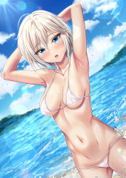 Rule 34 | 1girl, ahoge, anastasia (idolmaster), armpits, arms behind head, arms up, bare shoulders, beach, bikini, blue eyes, blue sky, blush, breasts, breasts apart, collarbone, dated, day, eyelashes, hair between eyes, halterneck, highres, idolmaster, idolmaster cinderella girls, legs apart, looking at viewer, lowleg, lowleg bikini, medium breasts, micro bikini, navel, ocean, open mouth, outdoors, parted bangs, short hair, signature, silver hair, skindentation, sky, solo, stomach, string bikini, sunlight, swimsuit, thighs, water drop, wet, white bikini, yoohi