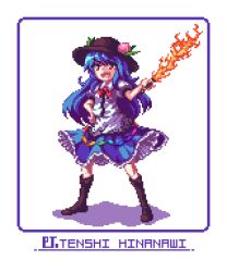 Rule 34 | 1girl, :d, black headwear, blue border, blue hair, blue skirt, boots, border, brown footwear, character name, commentary, food, fruit, full body, greenapple (g apple0511), hinanawi tenshi, holding, holding sword, holding weapon, korean commentary, leaf, long hair, looking at viewer, mixed-language commentary, open mouth, peach, pixel art, red eyes, shirt, short sleeves, simple background, skirt, smile, solo, standing, sword, sword of hisou, touhou, weapon, white background, white shirt