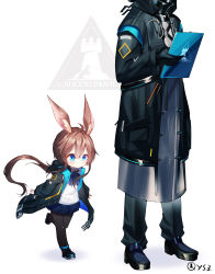 Rule 34 | 1boy, 1girl, 1other, aged down, amiya (arknights), animal ear fluff, animal ears, arknights, ascot, black footwear, black gloves, black jacket, black pants, black pantyhose, blue ascot, blue eyes, blue skirt, blush, brown hair, commentary request, doctor (arknights), gloves, hair between eyes, hand up, highres, holding, jacket, long hair, long sleeves, looking down, low ponytail, notepad, open clothes, open jacket, pants, pantyhose, pleated skirt, ponytail, puffy long sleeves, puffy sleeves, qys3, rabbit ears, revision, shadow, shirt, shoes, skirt, sleeves past wrists, solo focus, standing, twitter username, very long hair, white background, white shirt