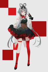 Rule 34 | 1girl, asymmetrical legwear, bare shoulders, black footwear, black gloves, black shirt, black skirt, bow, breasts, closed mouth, collared shirt, cup, drinking glass, flower, fre (haochilanzuo), full body, gloves, grey hair, hair ribbon, hair rings, highres, holding, holding cup, kneehighs, long hair, luo tianyi, red bow, red eyes, red flower, red ribbon, red rose, red socks, ribbon, rose, shirt, shoes, single kneehigh, single sock, single thighhigh, skirt, sleeveless, sleeveless shirt, small breasts, smile, socks, solo, standing, thighhighs, underboob, uneven legwear, very long hair, vocaloid, vsinger