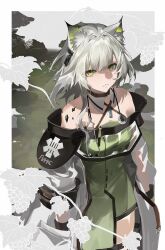 1girl absurdres animal_ears arknights bare_shoulders cat_ears cat_girl character_name closed_mouth coat collar commentary_request cowboy_shot criss-cross_halter dress expressionless green_dress green_eyes halterneck highres kal&#039;tsit_(arknights) long_hair long_sleeves looking_at_viewer material_growth off-shoulder_coat off_shoulder oripathy_lesion_(arknights) russian_text solo star_of_life stethoscope tabayashi white_coat white_collar