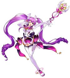 Rule 34 | 1girl, ;d, aisha landar, artist request, boots, bow, brooch, curly hair, dress, elbow gloves, elsword, full body, gloves, jewelry, long hair, looking at viewer, magical girl, metamorphy (elsword), official art, one eye closed, open mouth, pink bow, purple eyes, purple hair, smile, solo, staff, standing, standing on one leg, thigh boots, thighhighs, transparent background, twintails, v, white bow, white dress, white footwear, white gloves, zettai ryouiki