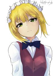 Rule 34 | 1girl, absurdres, artist name, bartender, black bow, black bowtie, blonde hair, blunt bangs, bow, bowtie, brown vest, closed mouth, commentary, cutlass (girls und panzer), dress shirt, eyelashes, frown, girls und panzer, head tilt, highres, kakimoto nao, looking at viewer, maid headdress, one-hour drawing challenge, school uniform, shirt, short hair, signature, simple background, solo, upper body, vest, white background, white shirt, wing collar, yellow eyes