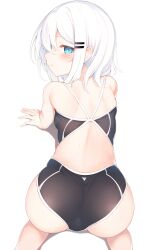 Rule 34 | 1girl, all fours, ass, back, bare shoulders, black one-piece swimsuit, blue eyes, blush, hair ornament, hairclip, highres, looking at viewer, medium hair, one-piece swimsuit, original, otokuyou, ringo-chan (otokuyou), solo, swimsuit, white background