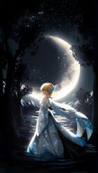 Rule 34 | 1girl, absurdres, bare back, bare shoulders, blonde hair, breasts, cape, closed mouth, commentary request, crescent moon, dathie96, detached sleeves, dress, flower, from side, full body, genshin impact, hair flower, hair ornament, highres, long dress, looking at viewer, lumine (genshin impact), medium breasts, moon, nature, night, night sky, outdoors, short hair with long locks, sky, solo, standing, star (sky), starry sky, tree, white dress, yellow eyes