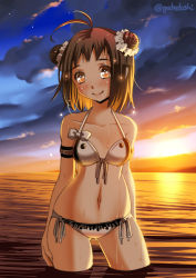 Rule 34 | 10s, 1girl, ahoge, antenna hair, bare shoulders, bikini, breasts, brown eyes, brown hair, cloud, double bun, kantai collection, looking at viewer, naka (kancolle), scrunchie, short hair, side-tie bikini bottom, sky, small breasts, smile, soaking feet, sogabe toshinori, solo, sunset, swimsuit, wading, water, wet
