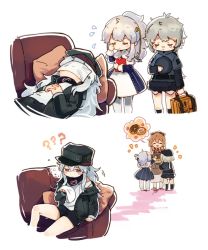 Rule 34 | 4girls, ?, ??, bandaid, bandaid on face, bandaid on nose, blush stickers, briefcase, closed eyes, commentary request, couch, covering face, doughnut, food, g11 (girls&#039; frontline), girls&#039; frontline, hat, hs2000 (girls&#039; frontline), imoko (imonatsuki), jacket, messy hair, multiple girls, own hands clasped, own hands together, pantyhose, ponytail, ribeyrolles (girls&#039; frontline), shirt, simple background, sleeping, tears, white background, white hair, white legwear