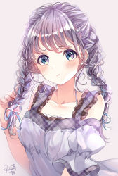Rule 34 | 1girl, :t, bare shoulders, blue eyes, blue ribbon, blush, braid, closed mouth, collarbone, commentary request, grey background, grey shirt, hair ribbon, hand up, highres, long hair, looking at viewer, off-shoulder shirt, off shoulder, original, pout, puffy short sleeves, puffy sleeves, puracotte, purple hair, ribbon, shirt, short sleeves, signature, simple background, solo, twin braids, twintails, upper body
