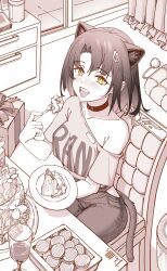 Rule 34 | 1girl, absurdres, animal ears, arknights, breasts, cake, cake slice, cat ears, cat girl, cat tail, chair, choker, collarbone, commentary, dollllls2, drawer, food, fork, glass, greyscale, highres, holding, holding fork, holding plate, mandragora (arknights), medium breasts, monochrome, off-shoulder shirt, off shoulder, pants, plate, sepia, shirt, side slit, sitting, solo, spot color, tail, yellow eyes