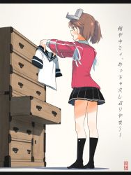 Rule 34 | 10s, 1girl, bad id, bad twitter id, brown eyes, brown hair, chest of drawers, commentary request, drawer, holding, holding clothes, holding shirt, japanese clothes, kantai collection, kariginu, kitsuneno denpachi, letterboxed, matching hair/eyes, open mouth, pleated skirt, ryuujou (kancolle), sailor collar, sailor shirt, shadow, shirt, skirt, socks, solo, text focus, translation request, twintails, visor cap, white background