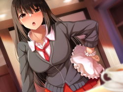 Rule 34 | 1girl, :o, unworn apron, blush, brown eyes, brown hair, cup, hand on own hip, indoors, long sleeves, nicoby, official art, red neckwear, red skirt, school uniform, scrunchie, skirt, solo, standing, teacup, white scrunchie, wrist scrunchie