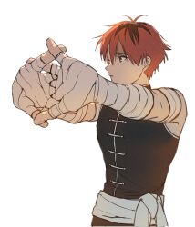 Rule 34 | 1boy, bandaged arm, bandages, black hair, black shirt, collared shirt, commentary request, corrupted twitter file, highres, looking to the side, male focus, multicolored hair, outstretched arms, own hands together, red eyes, red hair, roots (hair), sash, shirt, short hair, simple background, sleeveless, sleeveless shirt, solo, sousou no frieren, standing, stark (sousou no frieren), stretching, sua lucid, two-tone hair, waist sash, white background, white sash