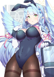 Rule 34 | 1girl, animal ears, black leotard, black pantyhose, blue archive, blue hair, blue wings, braid, breasts, closed mouth, covered navel, cowboy shot, fake animal ears, gloves, green eyes, hair ribbon, halo, highres, large breasts, leotard, long hair, long sleeves, looking at viewer, mine (blue archive), multicolored hair, pantyhose, pink hair, pink ribbon, playboy bunny, pointy ears, rabbit ears, ribbon, riot shield, shield, solo, streaked hair, takano itsuki, white gloves, wings