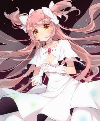 Rule 34 | 1girl, absurdly long hair, arms at sides, blunt bangs, blush, breasts, choker, cleavage, collarbone, colorful, dark background, dress, floating hair, frilled dress, frilled sleeves, frills, gloves, gradient background, hair ribbon, half-closed eyes, happy, interlocked fingers, kaname madoka, light particles, long dress, long hair, looking away, mahou shoujo madoka magica, mahou shoujo madoka magica (anime), medium breasts, night, night sky, own hands together, pink hair, ribbon, sidelocks, sky, smile, solo, star (sky), starry sky, straight hair, transparent wings, twitter username, two side up, ultimate madoka, upper body, very long hair, wanmaru, white choker, white dress, white gloves, white neckwear, white ribbon, wide sleeves, wings, yellow eyes