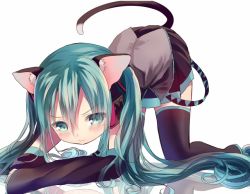 Rule 34 | 1girl, all fours, animal ears, aqua eyes, aqua hair, bad id, bad pixiv id, black footwear, blush, boots, cat ears, cat tail, detached sleeves, hatsune miku, headphones, long hair, looking at viewer, opopowa, reflection, reflective floor, simple background, skirt, solo, tail, thigh boots, thighhighs, twintails, very long hair, vocaloid, white background, zettai ryouiki