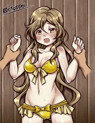 Rule 34 | 1boy, 1girl, bikini, blush, breasts, brown hair, cameltoe, cleavage, highres, holding another&#039;s wrist, large breasts, long hair, looking at viewer, navel, open mouth, restrained, shinomiya himawari, sweat, swimsuit, vividred operation, yellow bikini, yellow eyes