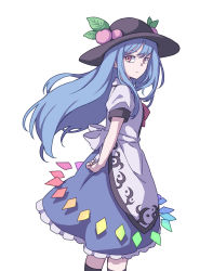 Rule 34 | 1girl, absurdres, black headwear, blue hair, blue skirt, closed mouth, cowboy shot, eyebrows hidden by hair, food, frilled skirt, frills, from side, fruit, highres, hinanawi tenshi, kame (kamepan44231), leaf, long hair, looking at viewer, looking to the side, one-hour drawing challenge, peach, petticoat, puffy short sleeves, puffy sleeves, rainbow order, red eyes, red neckwear, short sleeves, simple background, skirt, solo, standing, touhou, white background