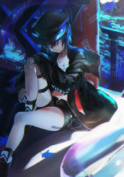 Rule 34 | 1girl, autumn leaves, black footwear, black hat, black jacket, black shorts, black socks, blue hair, breasts, cleavage, closed mouth, collarbone, commentary request, full moon, hair between eyes, hat, hayama eishi, highres, hitodama, jacket, jewelry, knee up, long sleeves, looking at viewer, medium breasts, moon, navel, night, open clothes, open jacket, original, outdoors, peaked cap, puffy long sleeves, puffy sleeves, purple eyes, ring, sarashi, shoes, short hair, short shorts, shorts, sitting, sleeves past wrists, socks, solo, torii, translation request