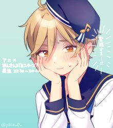 Rule 34 | 1boy, blonde hair, blue headwear, blue sailor collar, blush, closed mouth, ensemble stars!, green background, hands on own cheeks, hands on own face, long sleeves, looking down, male focus, mashiro tomoya, musical note, orange eyes, rinndouk, sailor collar, shirt, solo, sweatdrop, translation request, white shirt