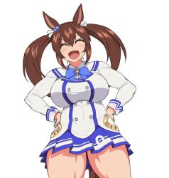 Rule 34 | 1girl, animal ears, arms up, blue bow, blue bowtie, blue skirt, bow, bowtie, brown hair, buttons, closed eyes, closed jacket, commentary, cowboy shot, double-breasted, fukuro (maruaru00), hair between eyes, hair bobbles, hair ornament, hair ribbon, highres, hishi akebono (umamusume), horse ears, horse girl, jacket, long hair, ribbon, simple background, skirt, solo, thick thighs, thighs, twintails, umamusume, v-shaped eyebrows, white background, white jacket, white ribbon