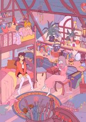 Rule 34 | 3girls, bed, book, bunk bed, chair, closed umbrella, desk, flat color, from above, glasses, highres, indoors, kagari atsuko, little witch academia, lotte jansson, multiple girls, mushroom, picture frame, pillow, pink theme, plant, potted plant, purple theme, sitting, socks, sucy manbavaran, teruterubouzu, thighhighs, umbrella, vacuumchan, wand, white legwear, witch