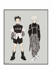 Rule 34 | 2boys, arm at side, black footwear, black hair, black shirt, black shorts, blue eyes, boots, brown eyes, child, closed mouth, collared shirt, earrings, fashion, frown, full body, gon freecss, grey background, grey hair, grey pants, hand in pocket, hand on own hip, hands on own hips, highres, hunter x hunter, illumi999, jewelry, killua zoldyck, knee boots, legs apart, lightning bolt symbol, long sleeves, looking at viewer, male focus, multiple boys, pants, print shirt, rock paper scissors, shirt, shoes, shorts, signature, simple background, sneakers, spiked hair, standing, straight-on, suspenders, untucked shirt, white footwear, white shirt